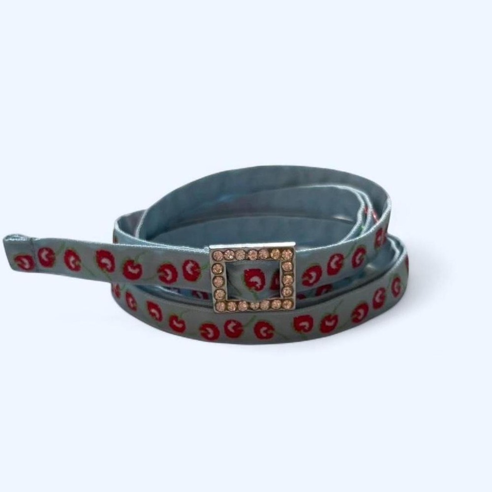 Cherry print blue skinny‎ waist belt with rhinestone buckle